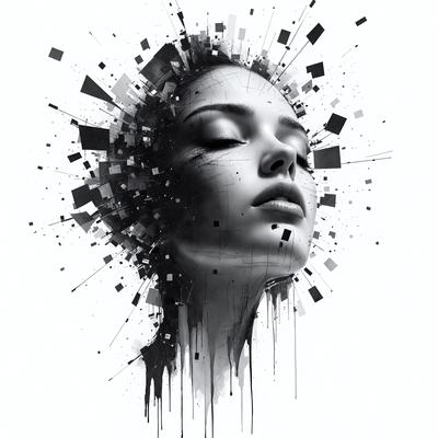 The primary subject of the image is a woman's face, which is the main focus of the image. The setting is a black and white background, giving the image a classic and timeless feel. The visual style is a combination of digital art and illustration, creating a unique and artistic representation of the woman's face. The colors and mood of the image are predominantly black and white, with a touch of gray, giving it a dramatic and sophisticated appearance.